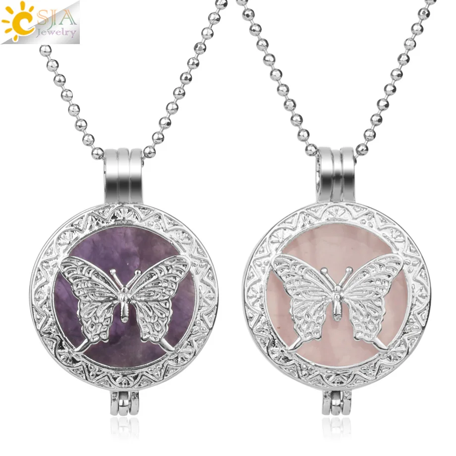CSJA натуральный камень исцеляющий кулон бабочка полый медальон Ароматерапия Эфирные масла диффузоры ожерелья для женщин ювелирные изделия G279