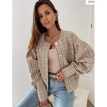 Blazer en Tweed à carreaux bleu pour femmes, veste de bureau Vintage à manches longues, pardessus à boutons à la mode, nouveaux hauts chics pour femmes, automne 2021 