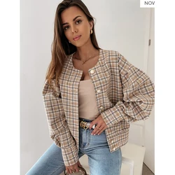 Outono feminino azul xadrez tweed blazer de manga longa do vintage escritório senhoras jaqueta botão da forma casaco 2021 novo feminino chiques topos