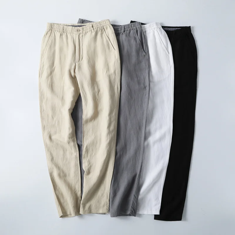 

Chinese-style Men's Summer Style Casual Pants Large Size Linen Fabric Loose Cotton Linen Trousers Elastic Waist Solid Color Thin