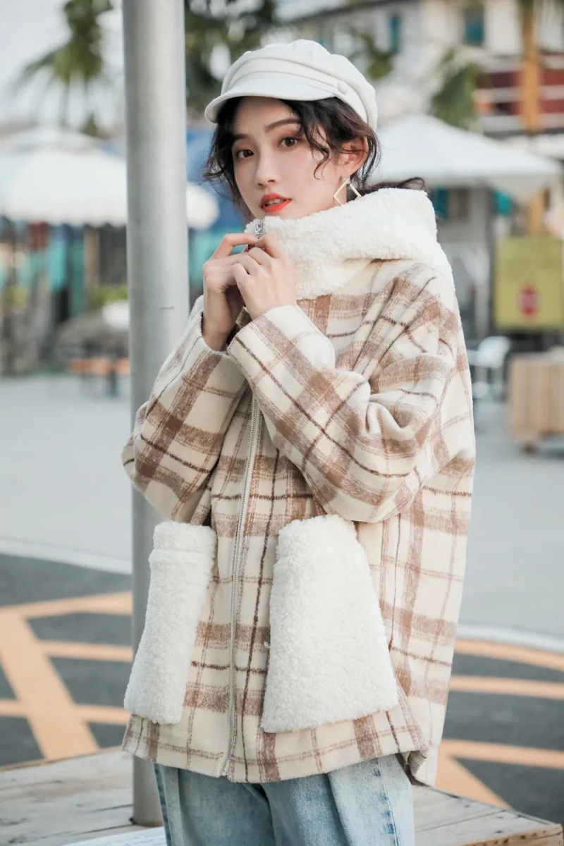 2019 новая зимняя Клетчатая Шерстяная Куртка модное шерстяное пальто с капюшоном из искусственного меха в стиле пэчворк