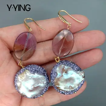 

Y·YING natural Cultured Purple Keshi Pearl Oval Faceted Ametrines Dangle Hook Earrings