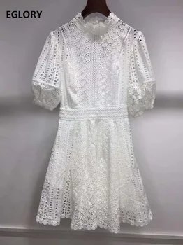 

Hollow Out Backless Dress 2020 Autumn Party Club Ladies Elegant Back Bow Deco Puff Sleeve Slim Fitted A-Line White Lace Dress