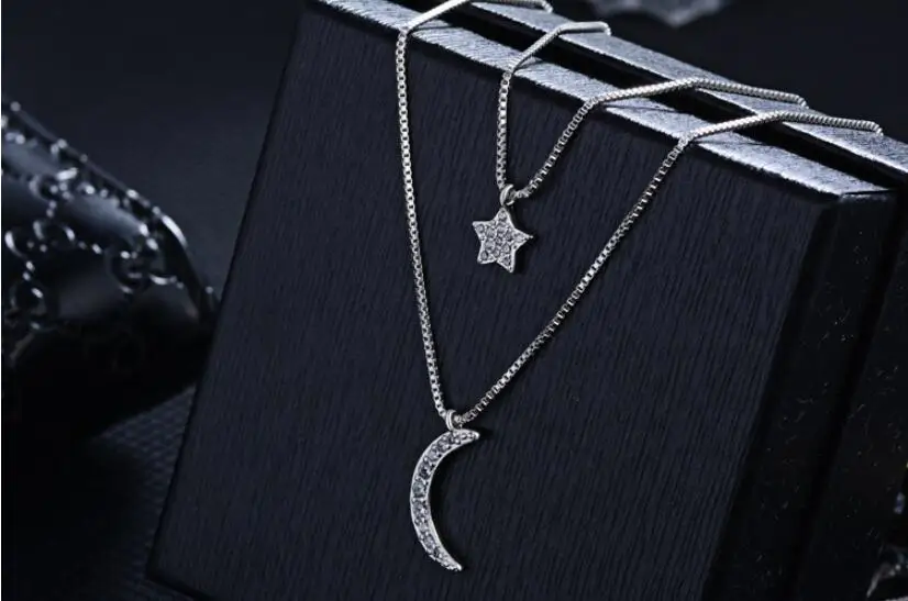 Циркон Звезда Луна двухслойные подвески ожерелья для женщин тренд короткая цепочка на ключицы 925 пробы серебряные ювелирные изделия SAN179