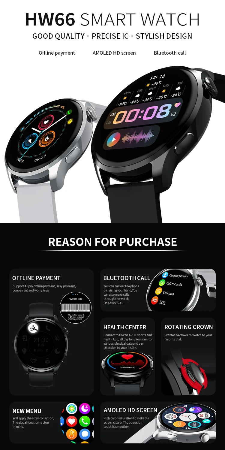 Smart Watch Smartwatch HW66 AMOLED 1.35 Inch HD Screen Bluetooth Dial Call Heart Rate Monitor Women pk huawei GT3 GTR 3 GTS 2