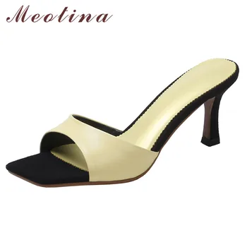 

Meotina Women Slippers Natural Genuine Leather High Heels Shoes Square Toe Thin Heel Slides Ladies Summer Sandals Pink Yellow