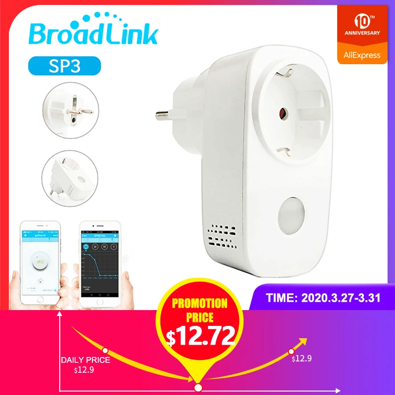 

Smart Home BroadLink SP3 EU Wi-Fi Smart Timer Wireless Socket Outlet, No Hub Required, Compatible with Alexa and Google Home