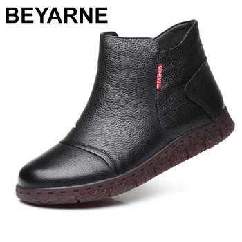 

BEYARNE Mother Shoes Winter Plush Fur Warm Ankle B oots Women Winter 2019 Genuine Leather Snow Boots Women Warm Shoes Bota Mujer