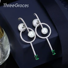 ThreeGraces, двойной жемчужный дизайн, 925 серебро, ювелирные изделия для вечеринки, кубический циркон, большие длинные висячие серьги с зеленым камнем ER188