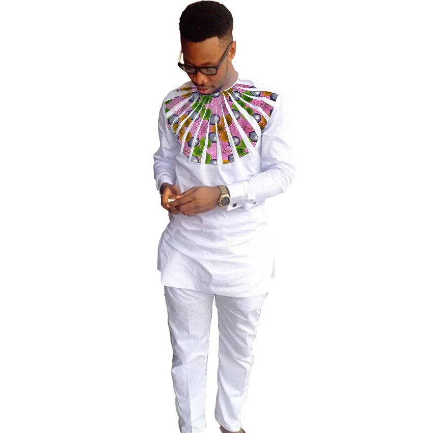 

Tailor made men's patchwork shirt and white trouser African fashion pant sets wedding wear male formal outfits customized