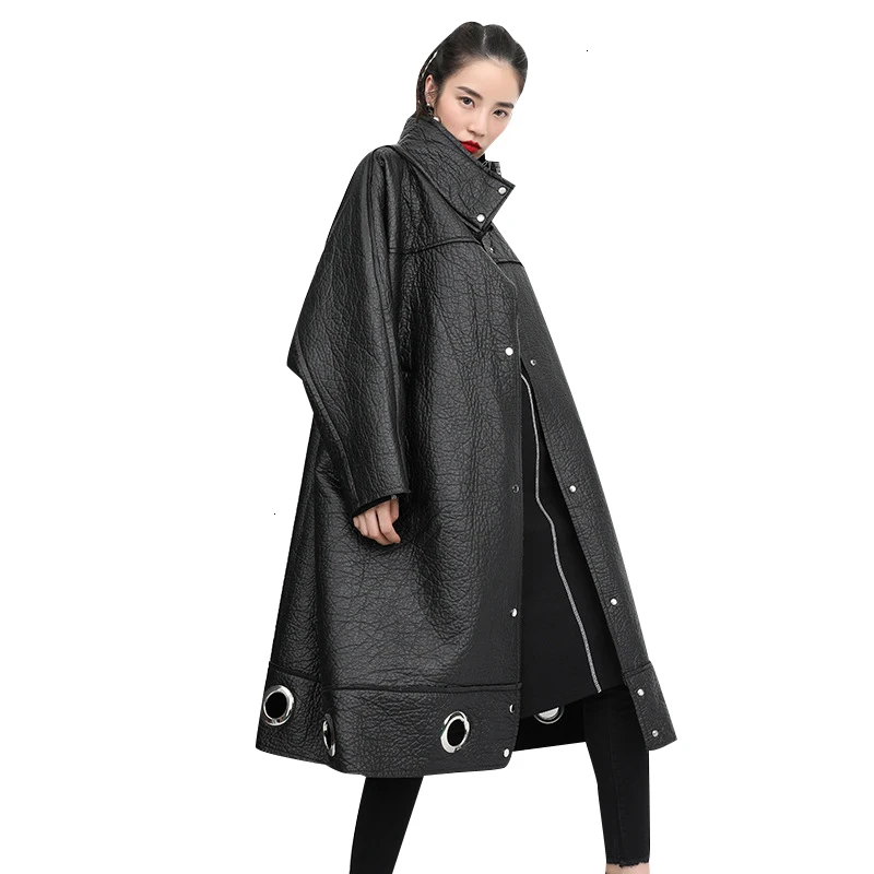 TWOTWINSTYLE Hollow Out PU Leather Lace Up Womens Coats Stand Collar Batwing Sleeve Coat Female Autumn Oversize Fashion New