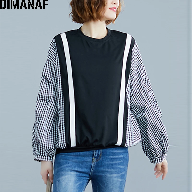 DIMANAF размера плюс, женская блузка, рубашки Дамские топы, туника, хлопок, осень, свободная, повседневная, с длинным рукавом, соединенная, в клетку, черная, женская одежда