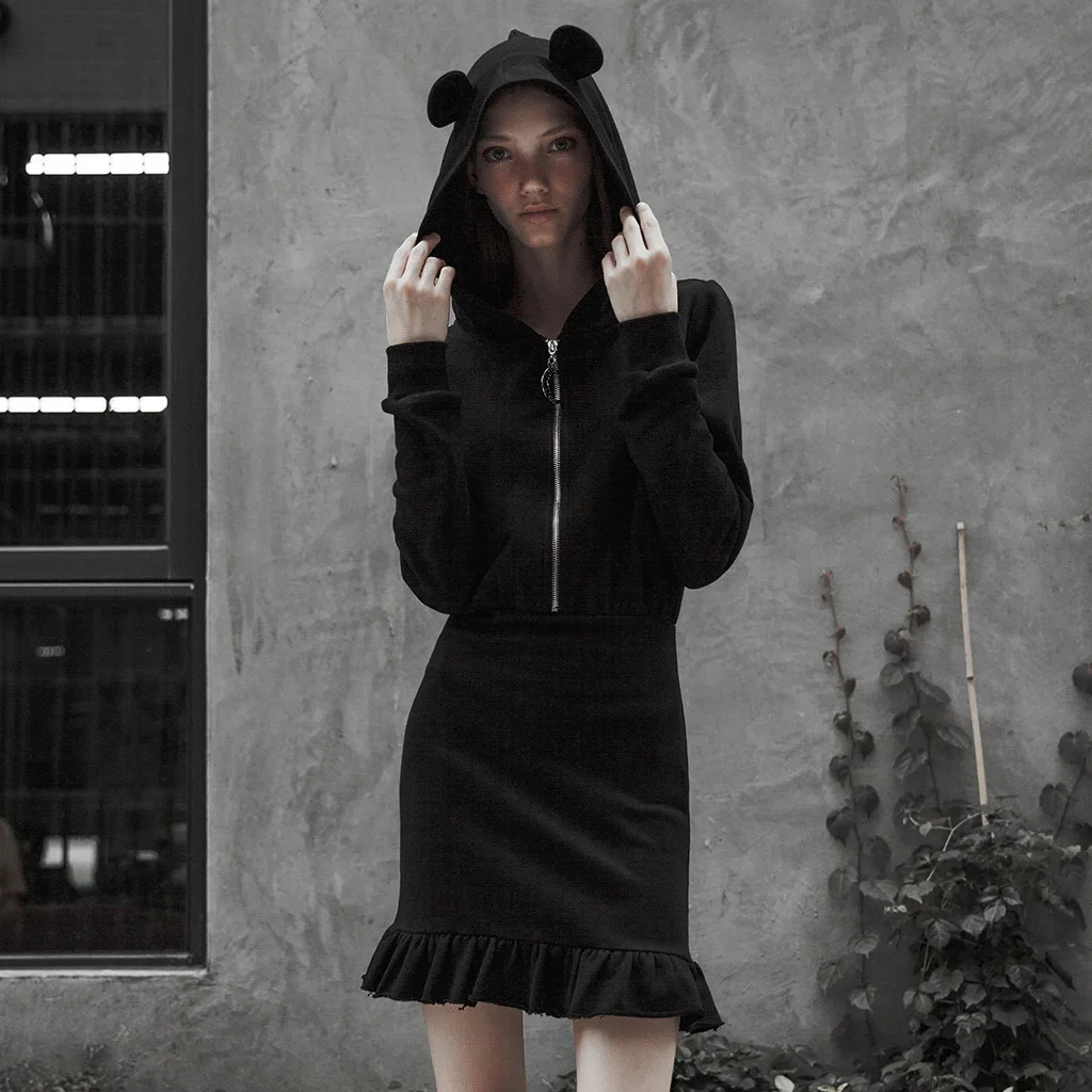 

PUNK RAVE Women Dark Hooded Lotus Leaf Pendulum Dress Warm Elastic Sweater Sexy Tight Fish Tail Hem Moon Pendant Short Dress