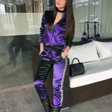 Sfit модный Женский Повседневный Спортивный костюм, комплект из 2 предметов, топ и штаны, атласная полосатая Лоскутная толстовка на молнии, спортивная одежда