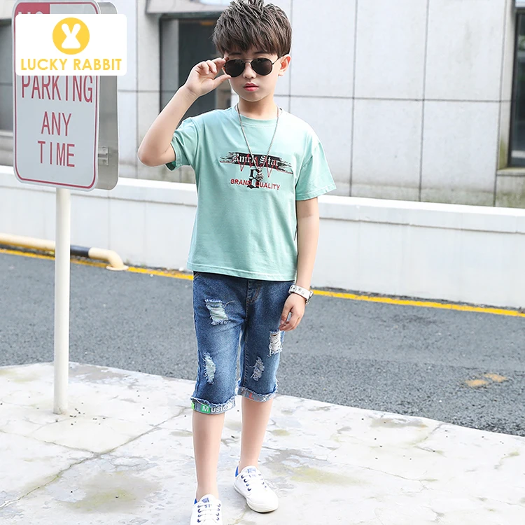 Children Cute Fashion Summer Kids Boy Clothes 2 Piece Set White T-Shirt Shredded Jeans 5-14 Years Boy Kids Clothes Set