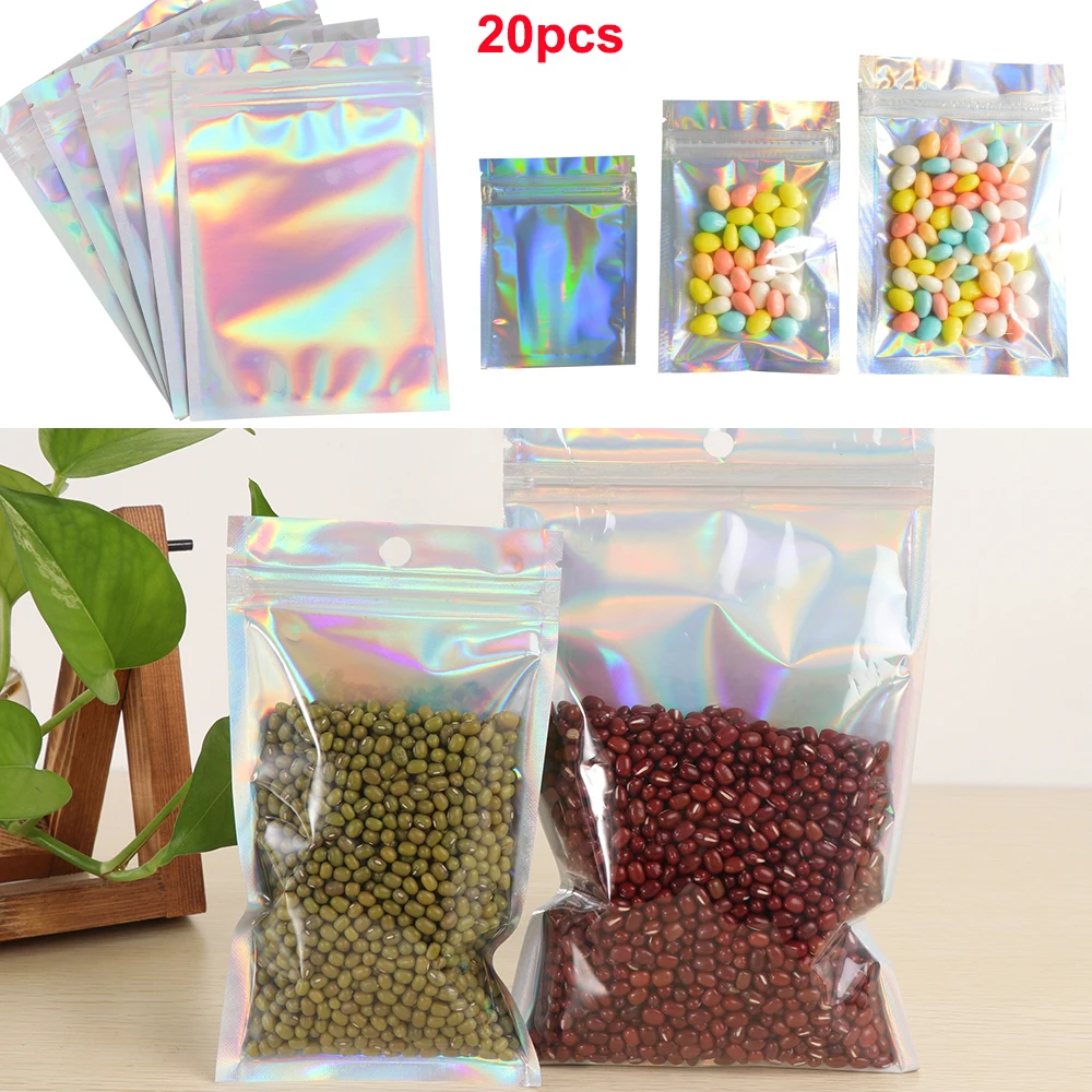 

20 Pcs Zip Plastic Bag Aluminum Foil Hologram Food Pouch Small Water Proof Zipper Reclosable Pouches Flat Type Tea Bag Storage