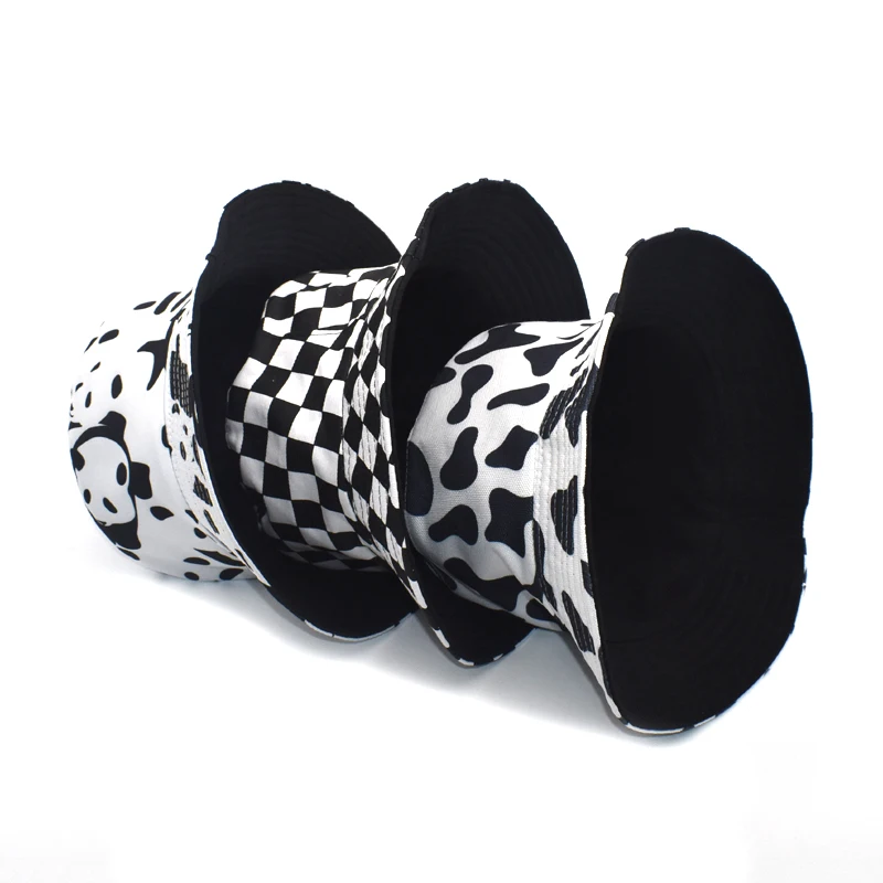 FUODRAO New Fashion Pink Panama Reversible Black White Cow Pattern Bucket Hats Fisherman Caps For Women Gorras Summer M111