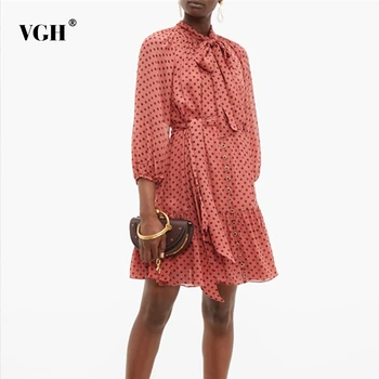 

VGH Vintage Dot Women's Dress O Neck Lantern Sleeve High Waist Loose Casual Mini Dresses Female 2020 Autumn Fashion New Clothes