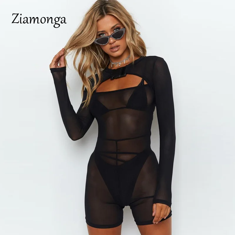 Black Ziamonga летний сексуальный женский комбинезон, сетчатый кружевной спортивный костюм с круглым вырезом и длинным рукавом, облегающий короткий комбинезон, женские комбинезоны - Цвет: Black