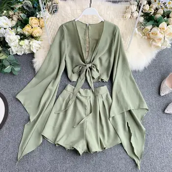 

Women solid Sets 2020 Summer New Bow Tie Flare Sleeve Chiffon Tops Fashion High Waist Wide Leg Shorts Chic beach Two Piece Sets