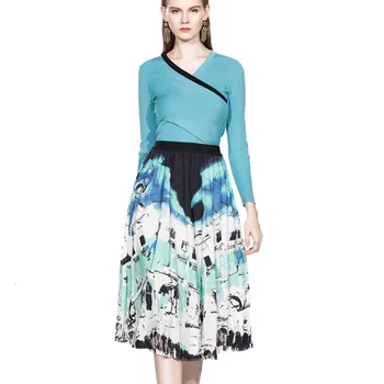 

Fashion Skirt Suits Office Lady 2 Piece Set Women V-neck Long Sleeve Knitted Sweater Pullover + Pleated Skirt Two Piece Set