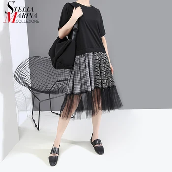 

New 2020 Short-Sleeve Women Summer Black Stylish Patchwork Dress Mesh Join Ladies Casual Streetwear Midi Dress Robe Femme 6090