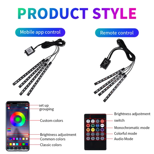 LED 자동차 발 주변 조명, USB 네온 무드 조명, 백라이트 음악 제어 앱, RGB 자동 인테리어 장식 분위기 조명 2