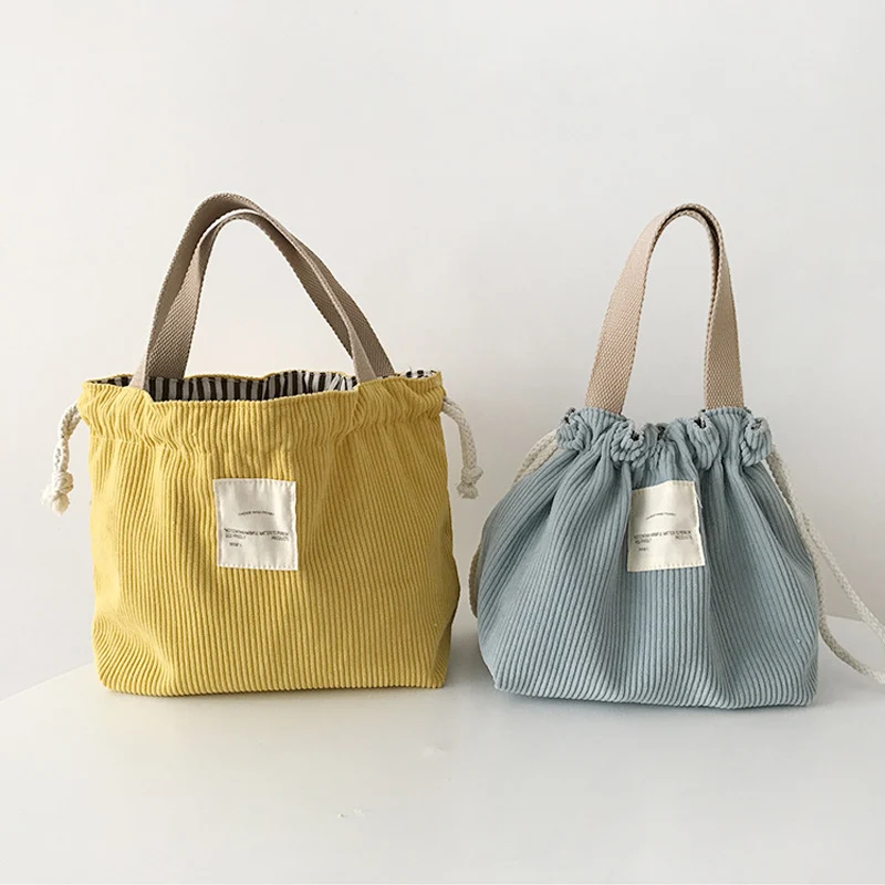 Lunch Bag Corduroy Canvas Drawstring Picnic Tote Eco Cotton Cloth Small Handbag Dinner Container Food Storage
