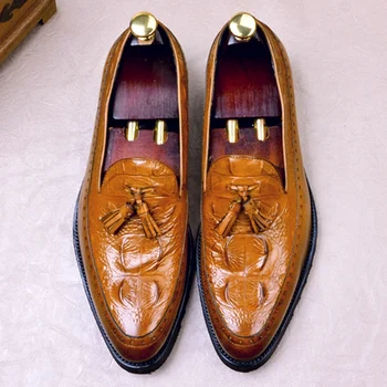 

New Arrival Genuine Leather Men's Casual Loafers Round Toe Slip on Man Handmade Alligator Pattern Formal Tassels Shoes FWL191