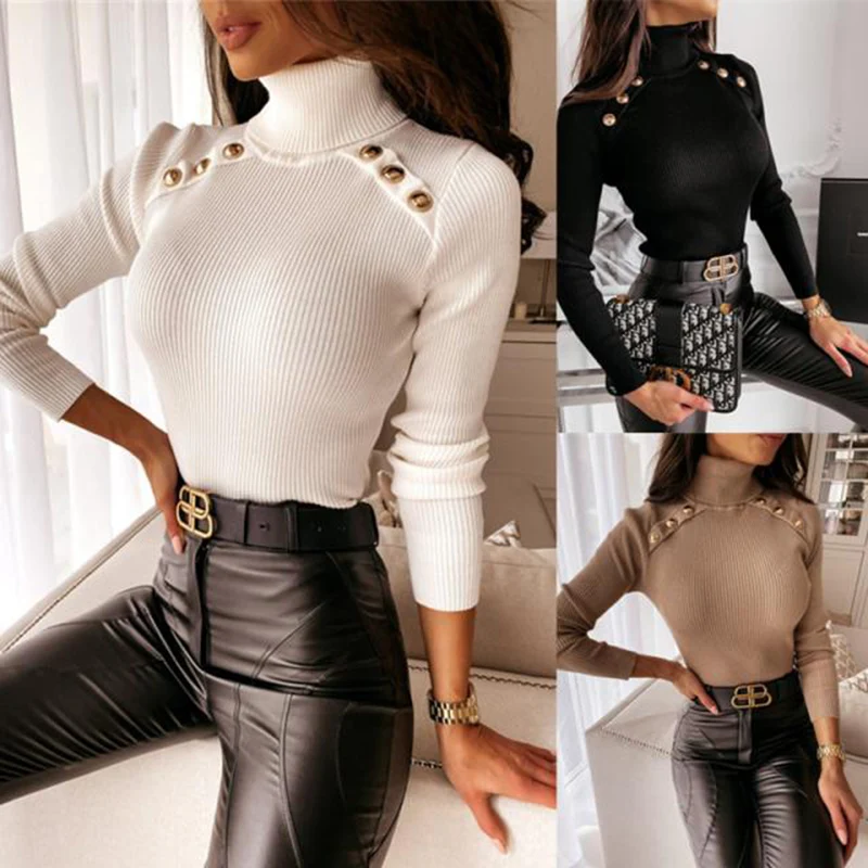 

Long Sleeve Solid Color Ribbed Button Embellished Turtleneck Top Autumn and Winter Women's Clothing