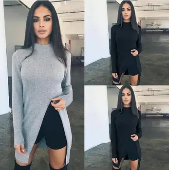 

Sexy Sweater Women Long Sleeve Top Knitted Sweaters Turtleneck Casual High Split Pullovers Knitwear Solid Clothing LJ194