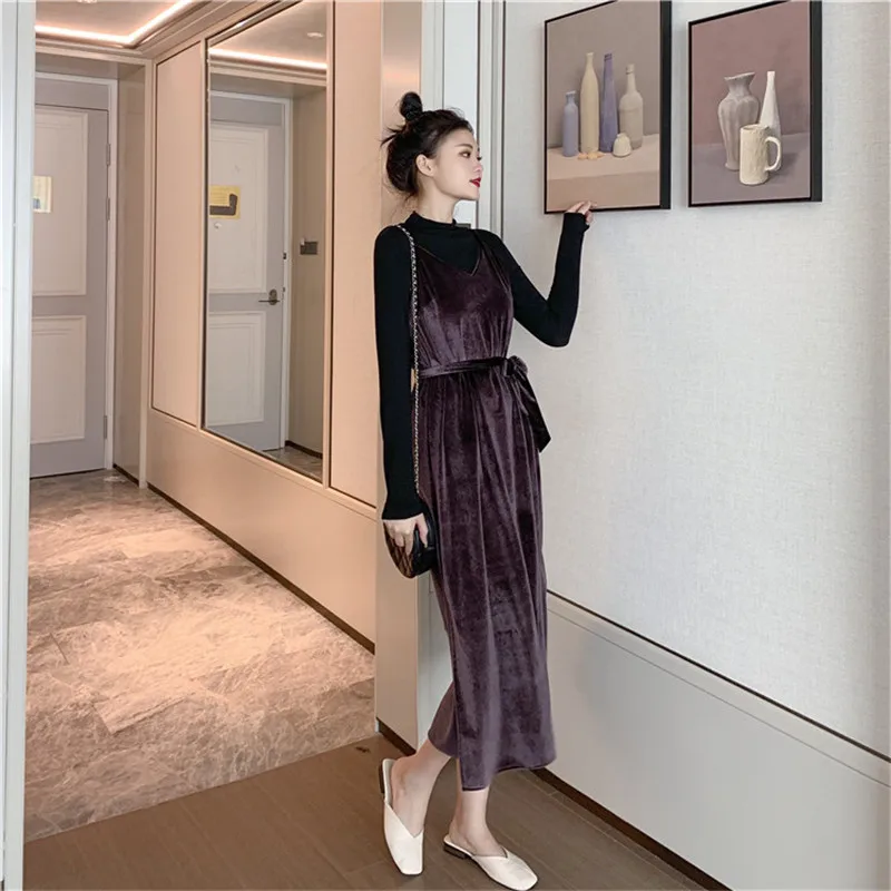 

2019 Autumn New Style Literature And Art Gold Velvet Drape of Belt Elegant Strapped Dress/High Collar Long Sleeve