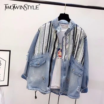 

TWOTWINSTYLE Camouflage Denim Jackets For Women Long Sleeve Drawstring Patchwork Sequins Coats Female Fashion 2020 Autumn Tide