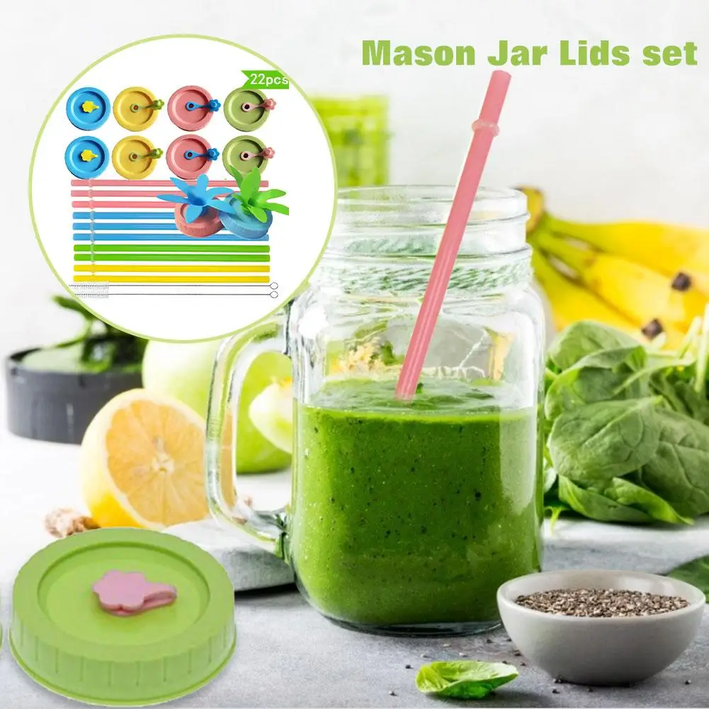 Крышки для банка Mason с крышками соломинок и чистящей щеткой цветные пластиковые