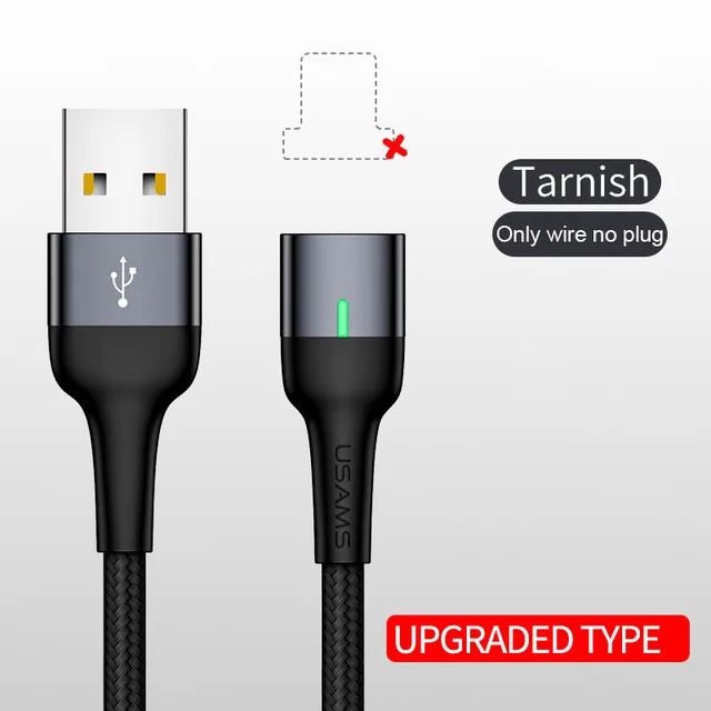 black only wire USAMS Micro USB Магнитный кабель usb type C светодиодный магнитный usb кабель для зарядки iphone samsung Xiaomi huawei USB кабель для зарядного устройства - Цвет: black only wire
