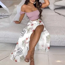 

Floral Print Long Skirts Women 2021 Summer Pink skirt Sets Vintage Sexy Off Shoulder Top Ladies Retro Pleated Skirts