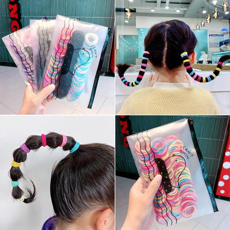 

100pcs/Set Girls Cute Bag Packed Gum For Fashion Ponytail Holder Scrunchie Headband Colorful Elastic Hair Bands Hair Accessories