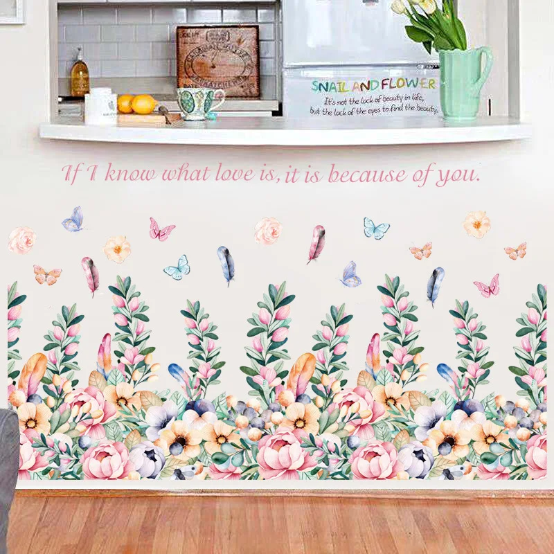 92*53cm Romantic Flowers Wall Sticker Colorful Plant Baseboard Decoration Beautiful Butterfly Home Docor for Bathroom Bedroom