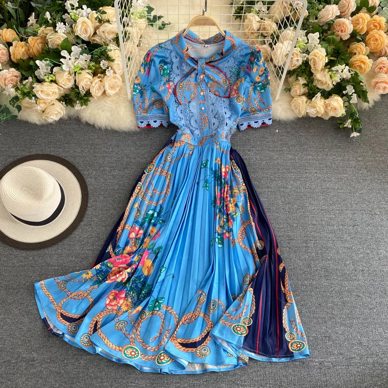 Lady New Fashion Short Sleeve Bow Collar Lace Stitching Pleated Elegant Dress Women Print High Street A-Line Vestidos H890
