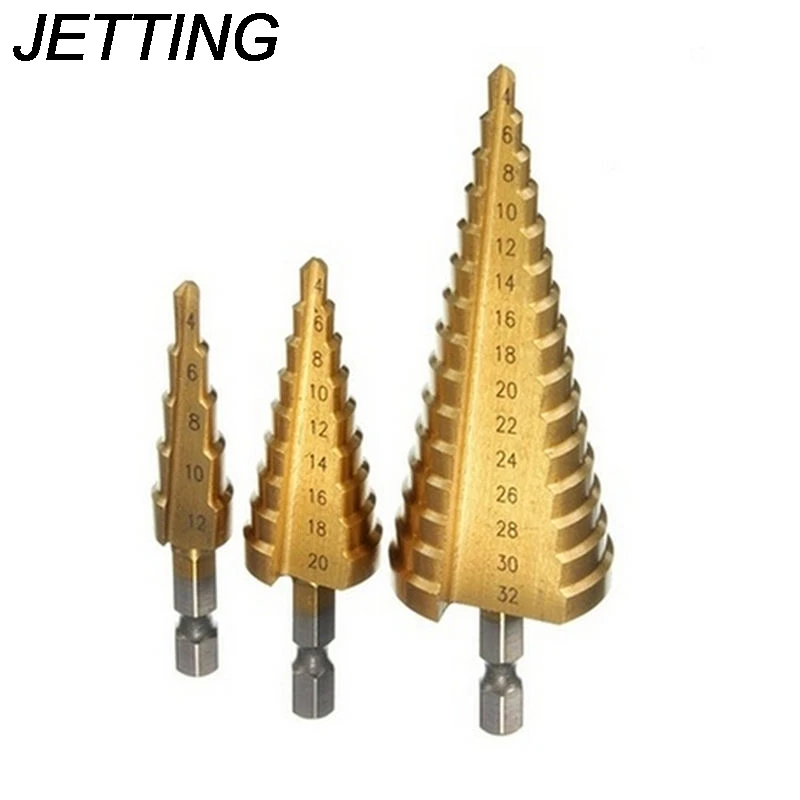 3Pcs/set Professional HSS Steel Large Step Cone Titanium Coated Metal Drill Bit Cut Tool Set Hole Cutter 4-12/20/32mm