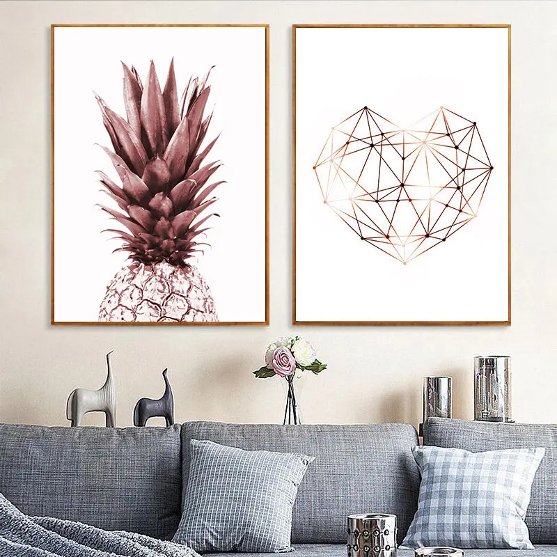 Скандинавские геометрические сердца алмаз роскошные розовое золото ананас плакаты и принты холст живопись настенные художественные картины для гостиной
