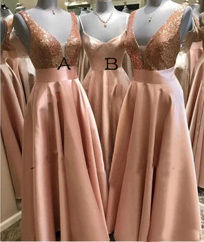 

Sequins and Satin Bridesmaid Dresses Simple A-Line Sheer V-Neck Ruffle Maid of Honer Dresses Floor Length Wedding Guest Dress