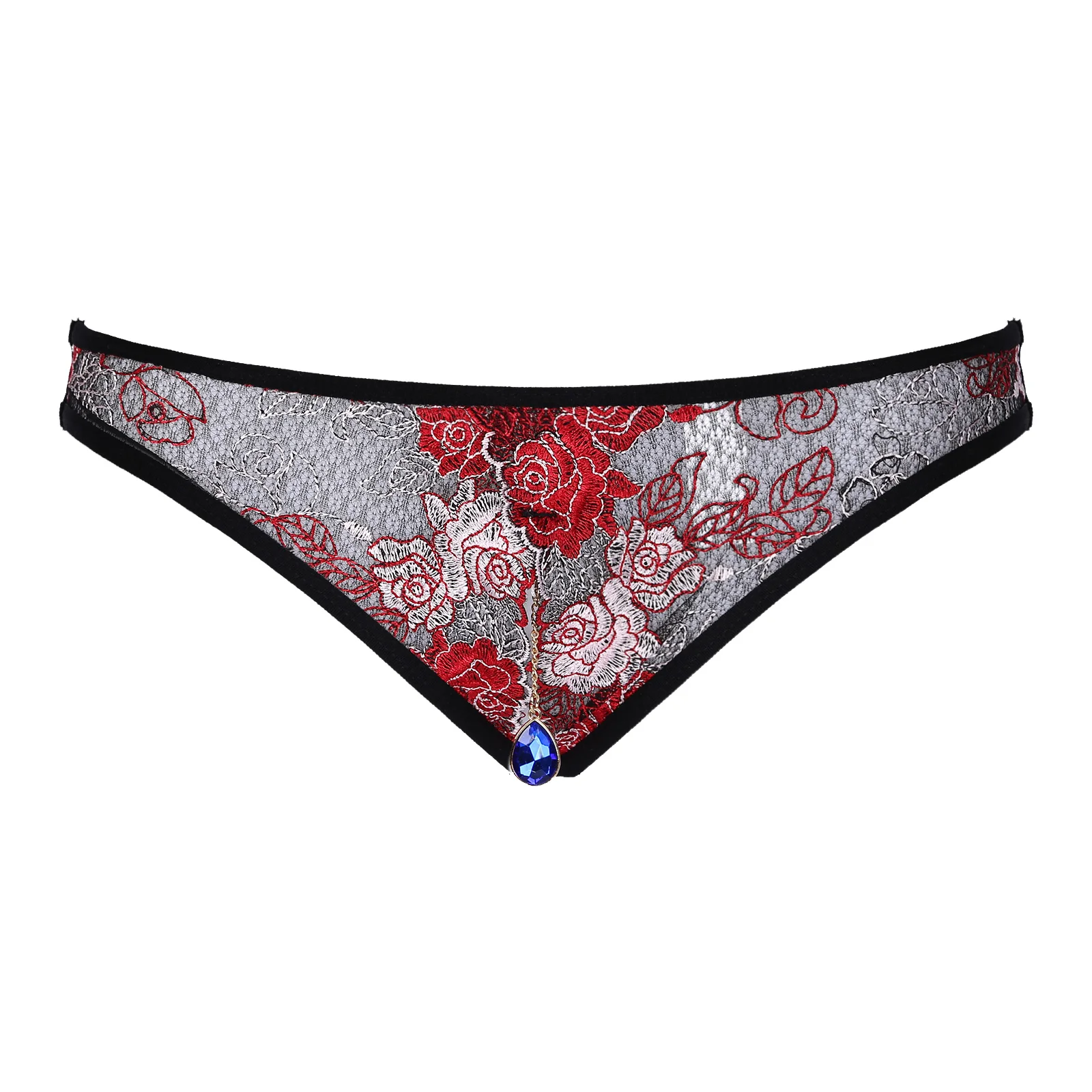 Men's Panties Rhinestone Pendant Flower Embroidery Thongs Sissy Underpants Crotchless G-string Open Butt Briefs Gay Underwear