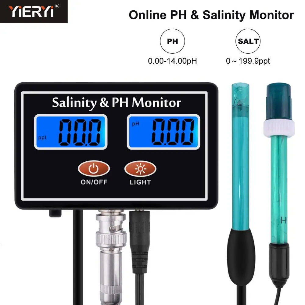 Онлайн РН& соленость монитор 2 в 1 рН метр и тестер солености для аквариума бассейн спа морской воды садоводства качество воды