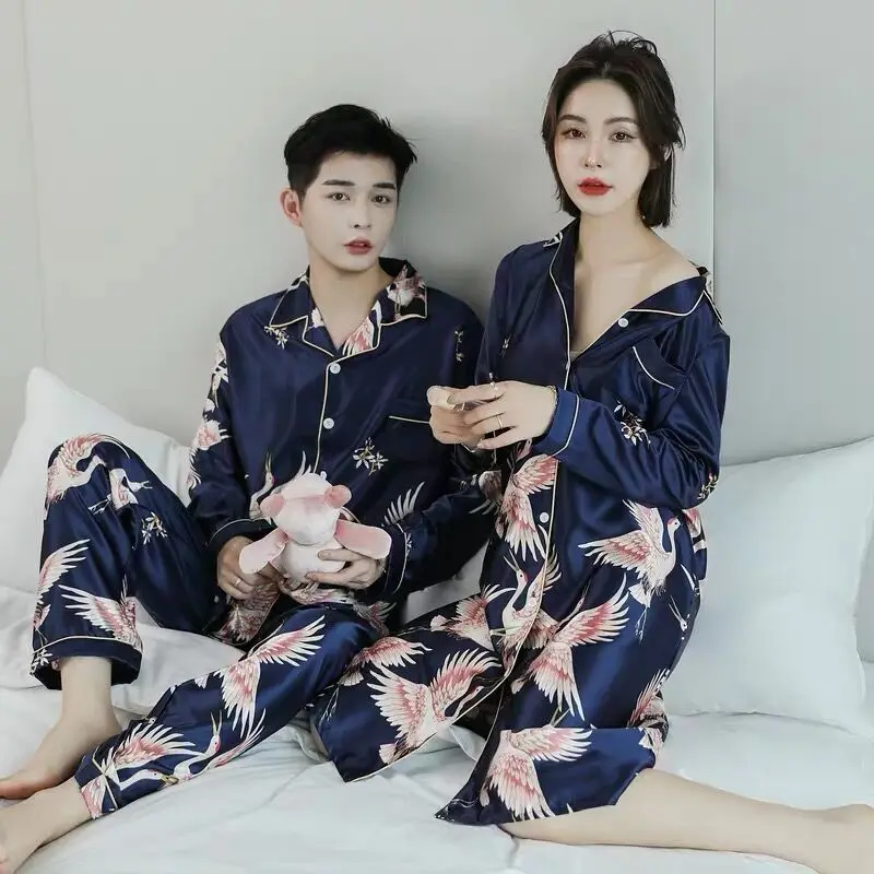 New Luxury Mr Mrs Pajamas Men Birds Pattern Sleepwear Silk Long-