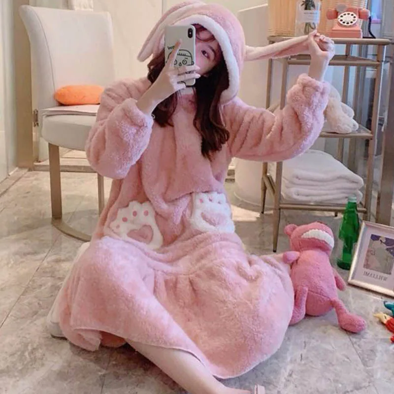 Women Nightgown Cute Animal Cartoon Nightdress Warm Winter Thickening Hooded Home Wear Clothes Velvet Sleep Lounge Night Dress