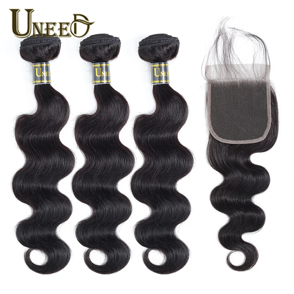 

Uneed Hair Brazilian Body Wave 3 Bundles With Lace Closure 4*4 100% Human Hair Weave Bundles With Closure Remy Hair Extensions