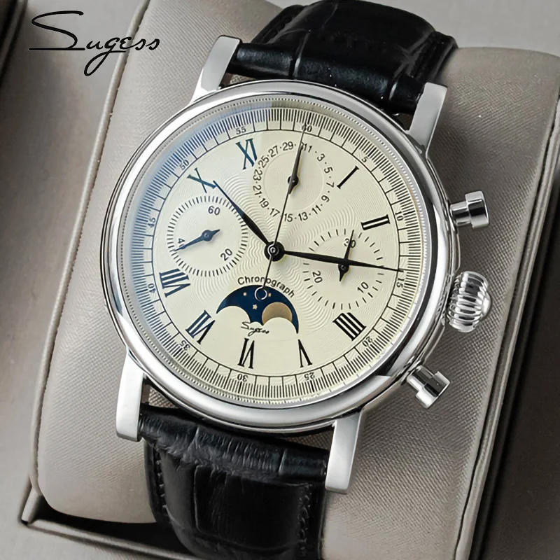 Orologio Automatico Sugess Для мужчин двигаться t Seagull1963 Moonphase наручные часы с ручным заводом s