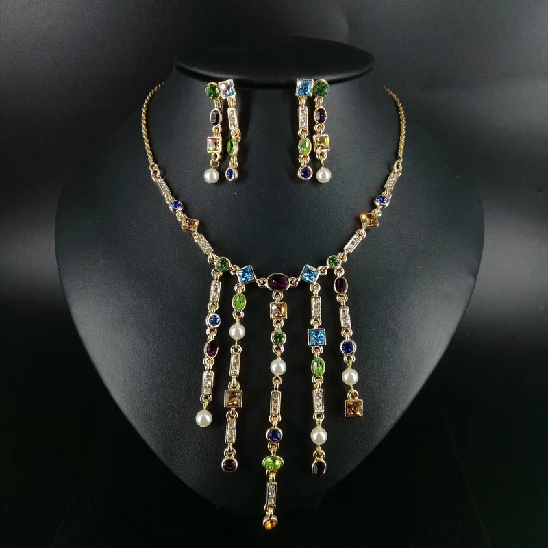 

2019 new fashion romantic COLORFUL CZ zircon tassel necklace earring sets wedding bridal banquet formal dinner jewelry set
