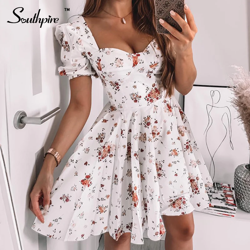 Southpire Bohe Flower Print White Dress Women 's Short Puff Sleeve Zipper Mini Sundress Elegant Summer Dress Ladies Clothing 2